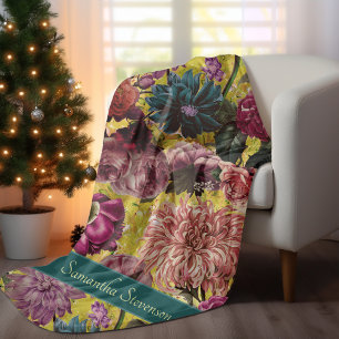 Vintage colourful yellow Floral monogrammed Fleece Blanket