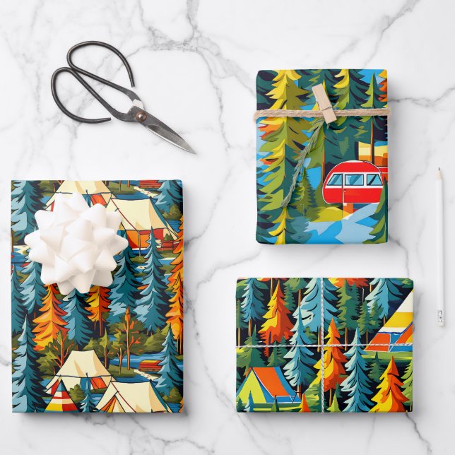 Vintage Colours Camping Themed  Wrapping Paper Sheet (Front)
