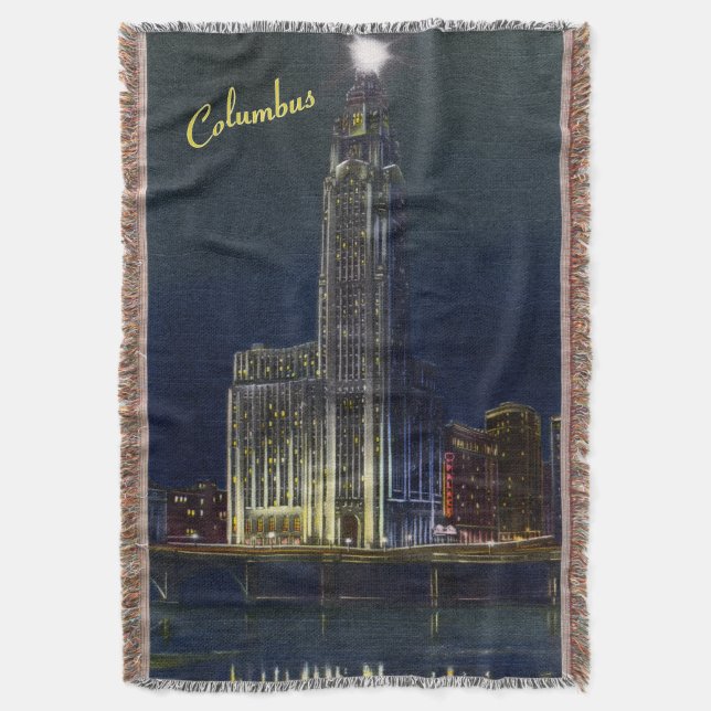 Vintage Columbus Citadel at Night Throw Blanket (Front Vertical)