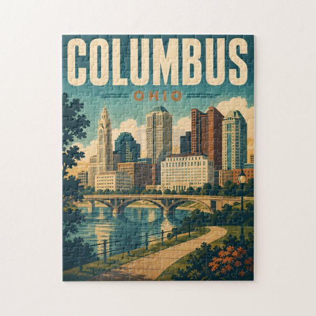 Vintage Columbus Ohio Skyline Puzzle (Vertical)