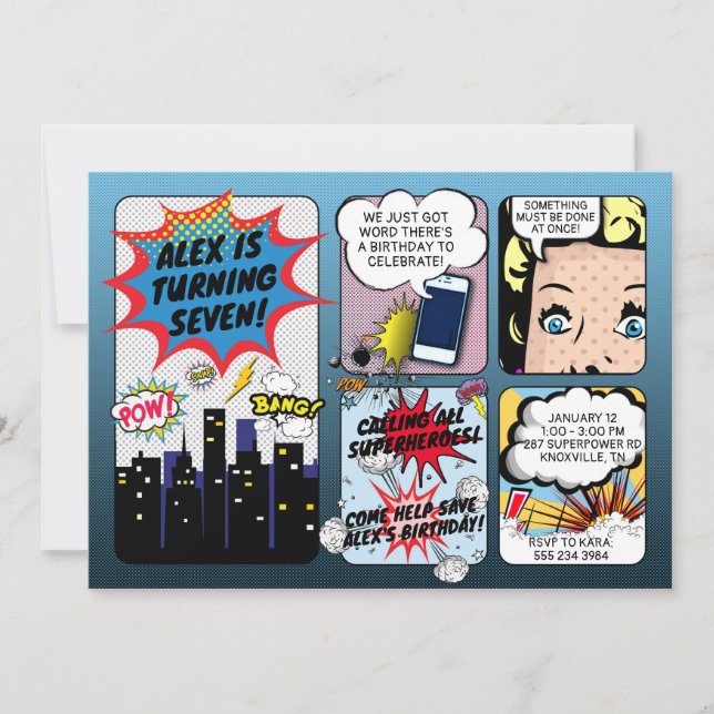 Vintage Comic Book Superhero Birthday Invitation (Front)