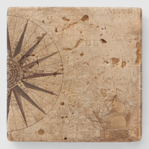Vintage Compass and Ship Stone Coaster
