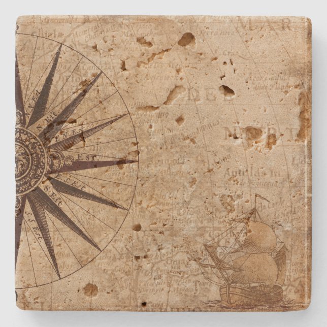 Vintage Compass and Ship Stone Coaster (Front)