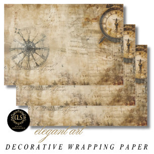Vintage Compass Antique Clock Wrapping Paper Sheet