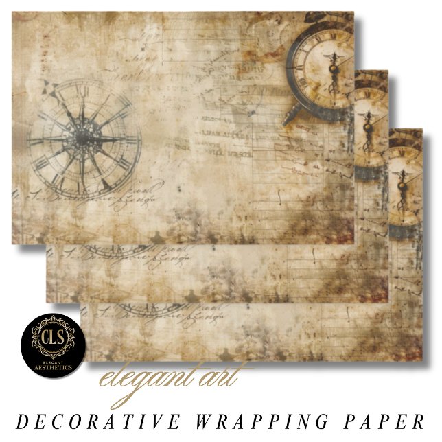 Vintage Compass Antique Clock  Wrapping Paper Sheet (Wrapping Paper - Vintage Compass Antique Clock)
