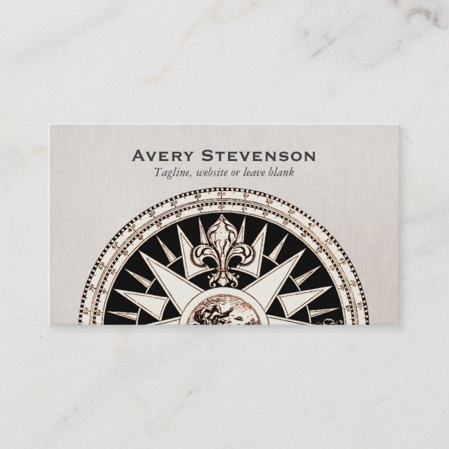 Vintage Compass Beige Linen Look Finance Business Card (Front)