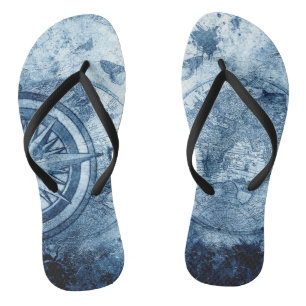 Vintage Compass   Blue Grunge Nautical Chart Flip Flops