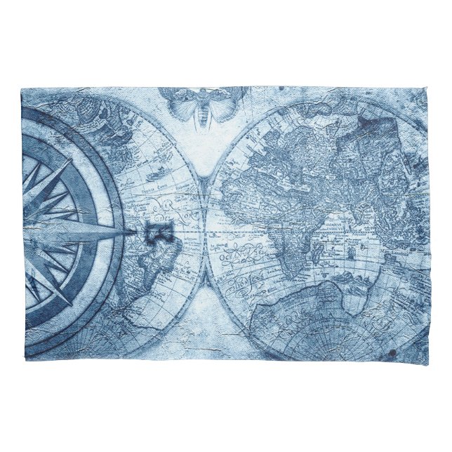 Vintage Compass | Blue Grunge Nautical Chart Pillowcase (Front)