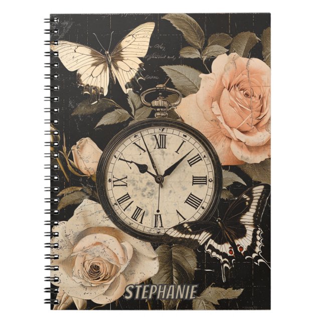 Vintage Compass Butterfly Floral Brown Notebook (Front)