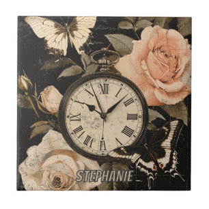 Vintage Compass Butterfly Floral Brown Tile
