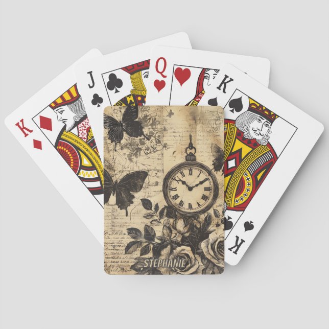 Vintage Compass & Butterfly - Rustic Paper (1) Playing Cards (Back)