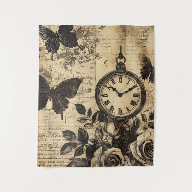 Vintage Compass & Butterfly - Rustic Paper (1) Tapestry (Front)