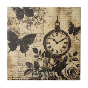 Vintage Compass & Butterfly - Rustic Paper (1) Tile