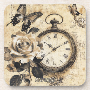 Vintage Compass & Butterfly - Rustic Paper (2) Coaster