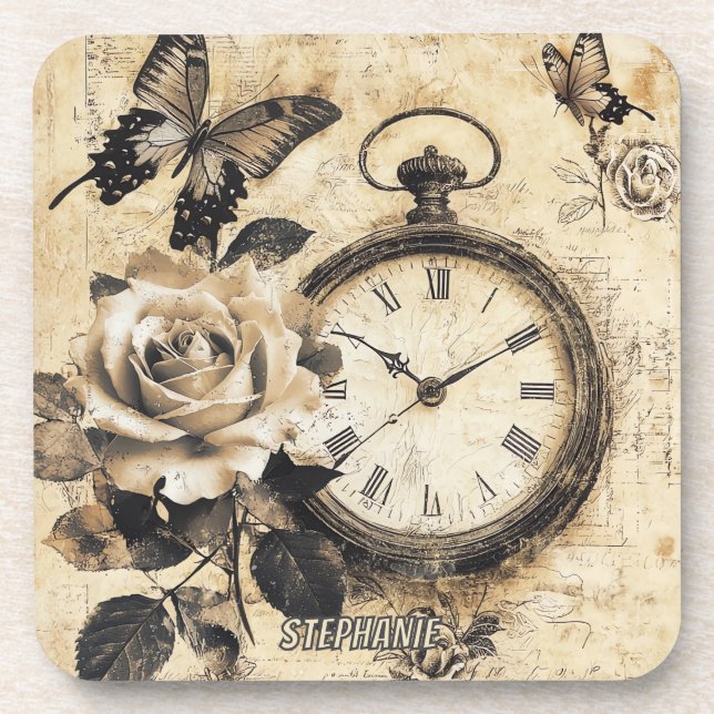 Vintage Compass & Butterfly - Rustic Paper (2) Coaster (Front)