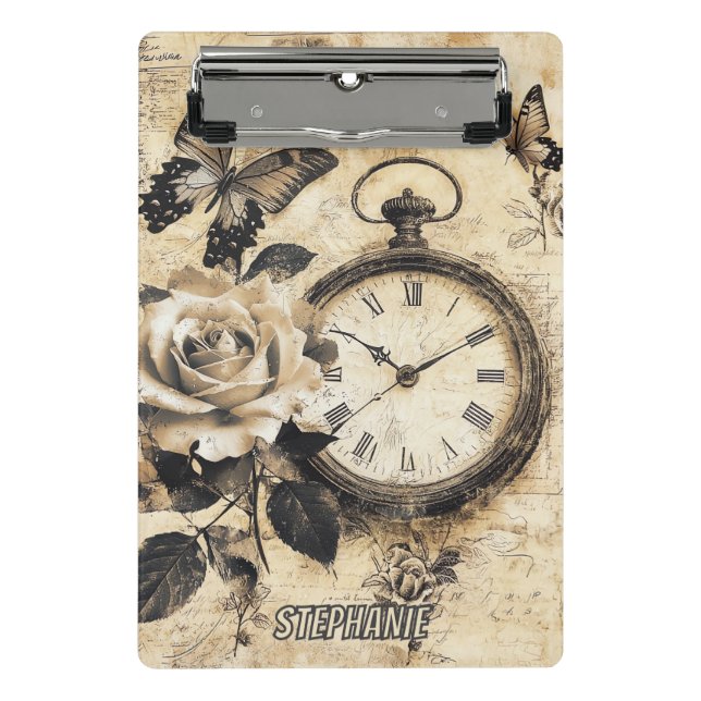 Vintage Compass & Butterfly - Rustic Paper (2) Mini Clipboard (Front)