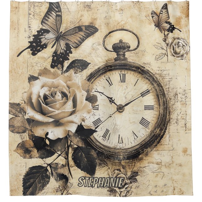 Vintage Compass & Butterfly - Rustic Paper (2) Shower Curtain (Front)