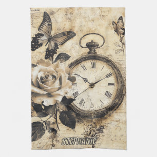 Vintage Compass & Butterfly - Rustic Paper (2) Tea Towel