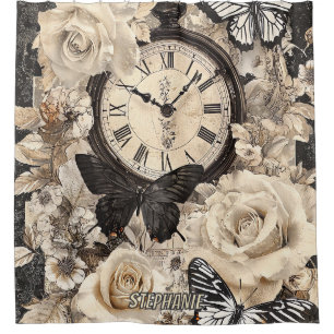 Vintage Compass & Butterfly - Rustic Paper (4) Shower Curtain