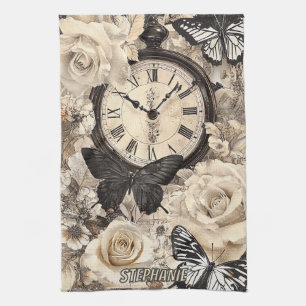 Vintage Compass & Butterfly - Rustic Paper (4) Tea Towel