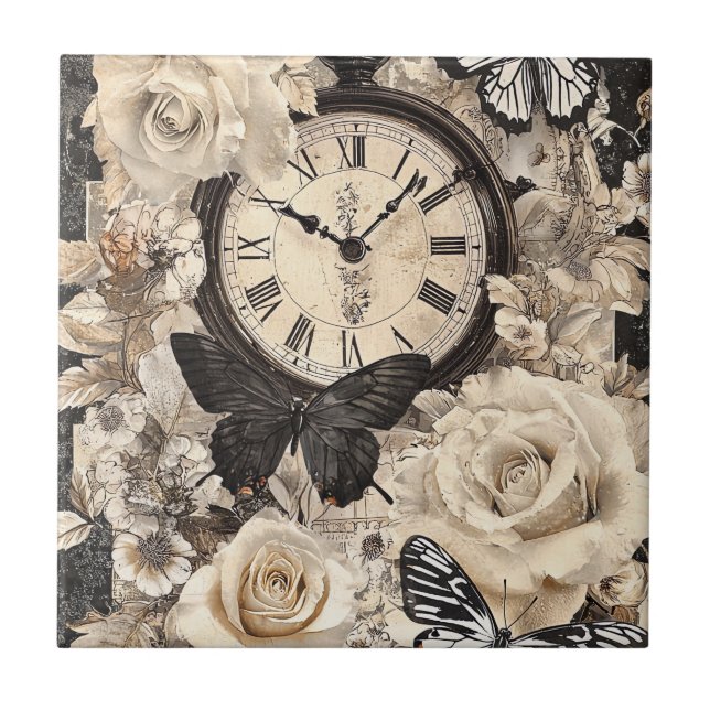 Vintage Compass & Butterfly - Rustic Paper (4) Tile (Front)