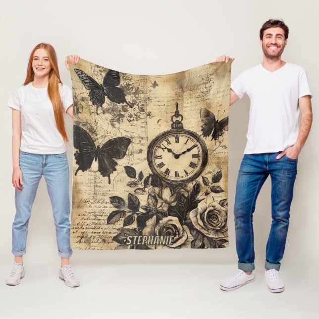 Vintage Compass & Butterfly - Rustic Paper Fleece Blanket (In Situ)