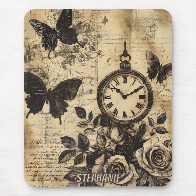 Vintage Compass & Butterfly - Rustic Paper Mouse Mat (Front)