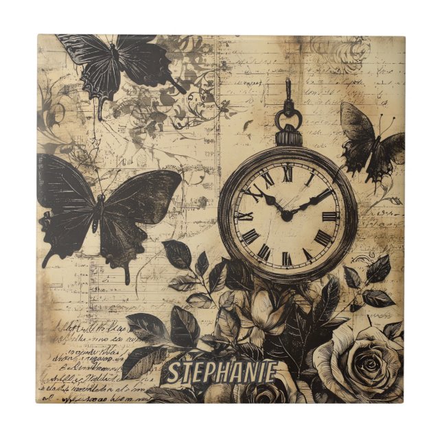 Vintage Compass & Butterfly - Rustic Paper Tile (Front)