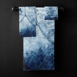 Vintage Compass Decor   Blue Grunge Nautical Chart Bath Towel Set