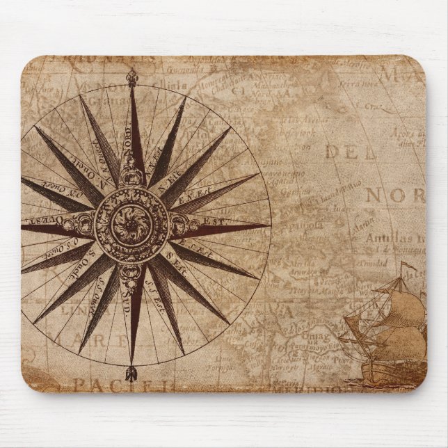 Vintage Compass Nautical Map Mouse Mat (Front)