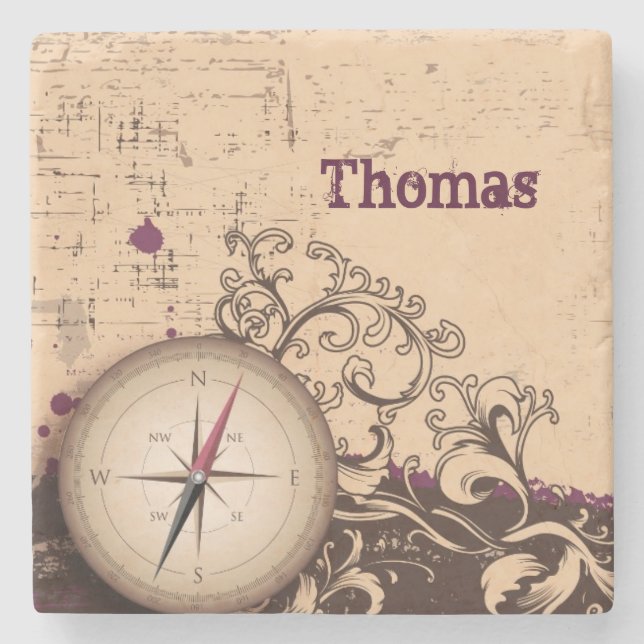 Vintage Compass Personalised Stone Coaster (Front)