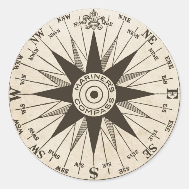 Vintage Compass Rose Classic Round Sticker (Front)