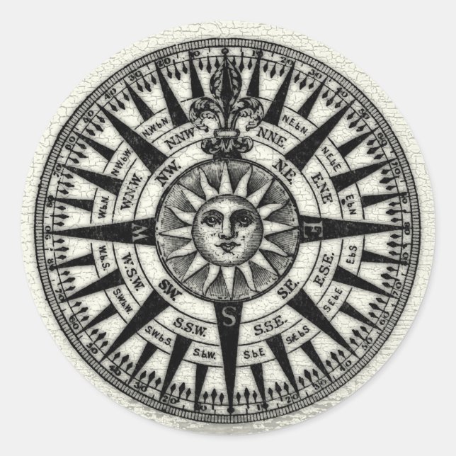 Vintage Compass Rose Sun Classic Round Sticker (Front)