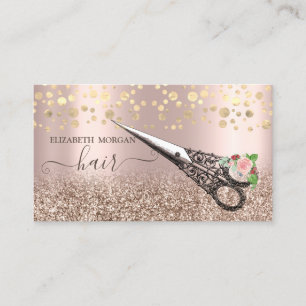 Vintage Confetti Scissors Rose Gold Glitter Business Card