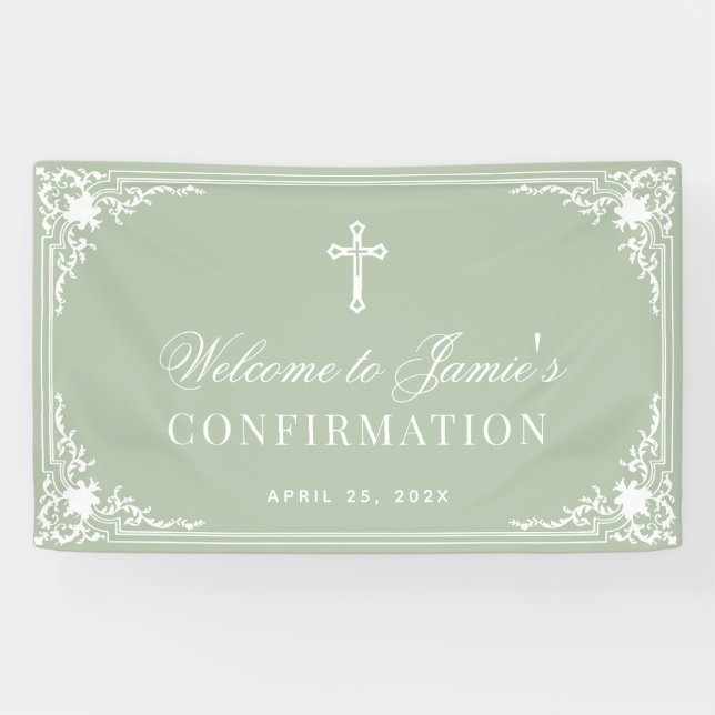 Vintage Confirmation Sage Green White Calligraphy  Banner (Horizontal)