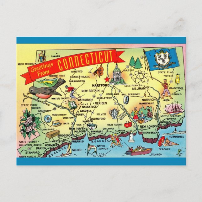 Vintage Connecticut Map Postcard (Front)