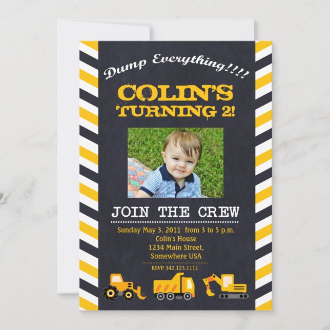 Vintage Construction Birthday Party Invitation (Front)