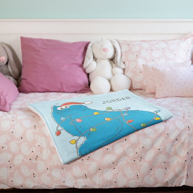 Vintage Cookie Monster Christmas Lights Fleece Blanket (Blanket folded in half)