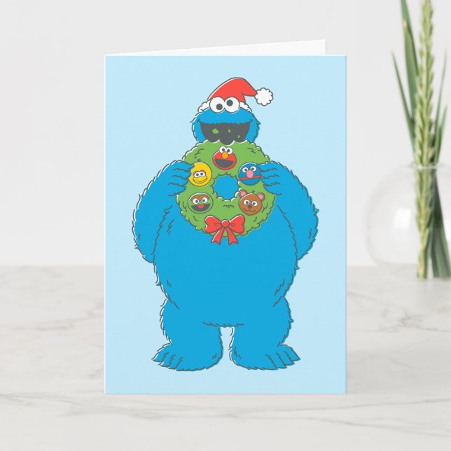 Vintage Cookie Monster Christmas Wreath Card (Front)