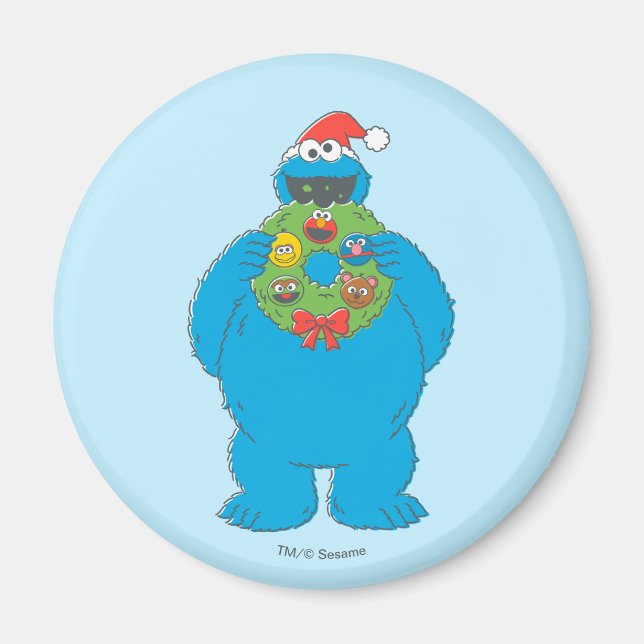 Vintage Cookie Monster Christmas Wreath Magnet (Front)