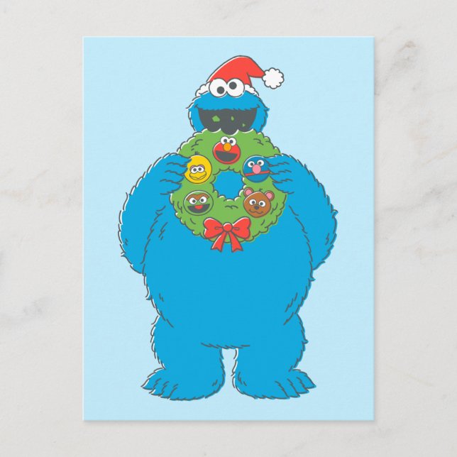 Vintage Cookie Monster Christmas Wreath Postcard (Front)