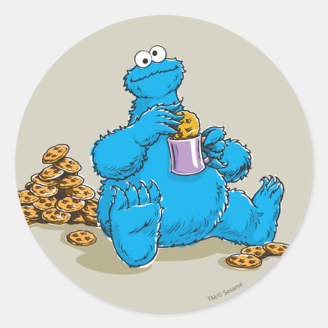 Vintage Cookie Monster Eating Cookies Classic Round Sticker (Front)