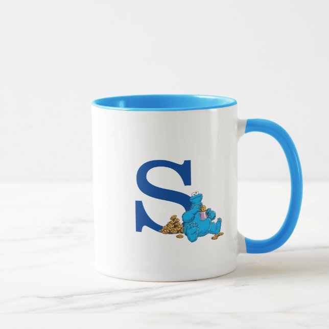 Vintage Cookie Monster Eating Cookies Monogram S Mug (Right)