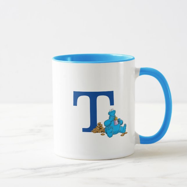 Vintage Cookie Monster Eating Cookies Monogram T Mug (Right)