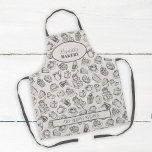 Vintage cookies pattern personalised name baking a apron<br><div class="desc">Elegant vintage style bakery apron in sepia grey featuring cakes,  coffee cups and cookies assortment illustration pattern.          Easy to personalise with your name and text!               It can be an inspired personalised gift for mother,  grandmother,  bride to be,  or a cooking or bakery lover.</div>