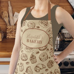 Vintage cookies pattern personalised name baking apron<br><div class="desc">Elegant vintage style bakery apron in beige tan and brown chocolate featuring cakes,  donouts and cookies assortment illustration pattern.          Easy to personalise with your name and text!               It can be an inspired personalised gift for mother,  grandmother,  bride to be,  or a cooking or bakery lover.</div>