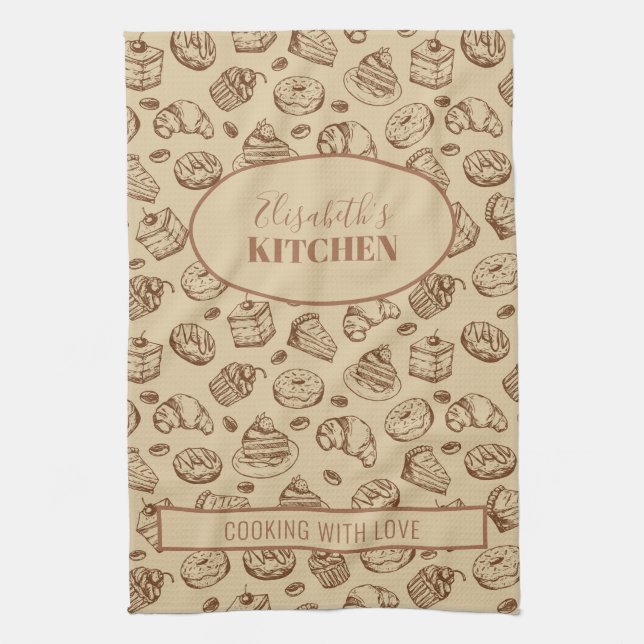 Vintage cookies pattern personalised name  kitchen tea towel (Vertical)