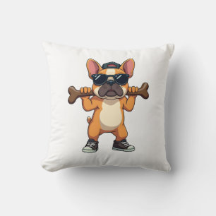 Vintage Cool French Bulldog Carrying Bone Cartoon Cushion