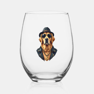 Vintage Cool Golden Retriever Dog in Sunglasses an Stemless Wine Glass