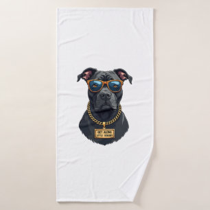 Vintage Cool Pitbull in Sunglasses with Gold Chain Bath Towel